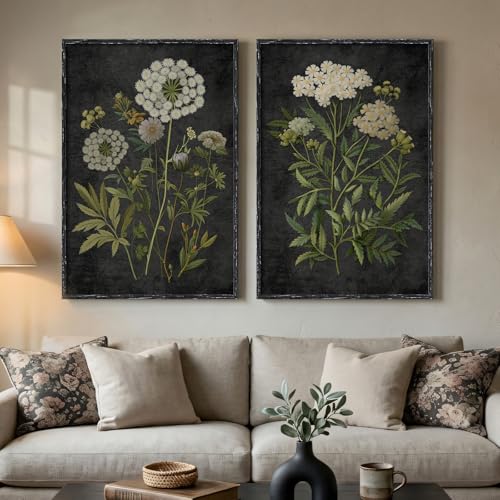 Large Framed Vintage Botanical Wall Art for Living Room, Moody Dark Floral Canvas Painting Prints, Retro Rustic Farmhouse Cottage Core Flower Artwork for Bedroom Dining Room Hallway Walls, 24x36 Inch - color: Black & Green, size: 24" W x 36" H x 2Pcs