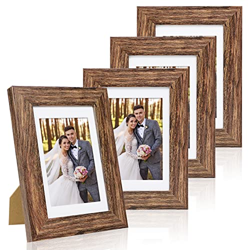 Hongkee 4x6 Picture Frame Set of 4, with Real Glass and Rustic Brown Wooden Frame, 4 by 6 Photo for Wall or Tabletop - Display Picture 3.5x5 with Mat or 4x6 Without Mat - color: Rustic Brown, size: 4x6 in