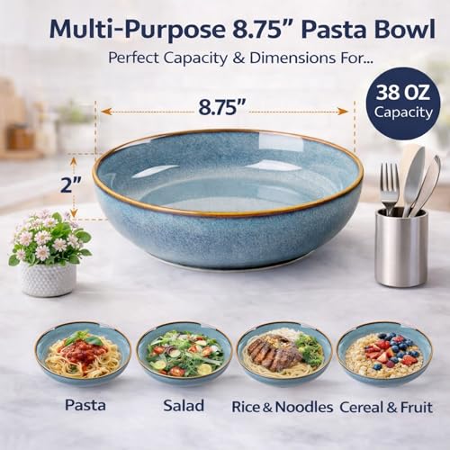 GBhome 8.75'' Large Ceramic Pasta Bowls, 38oz Stoneware Pasta Serving Bowls Set of 4 for Kitchen, Wide Bowls for Fruit,Pasta,Salad,Oatmeal,Meal, Microwave Safe, Reactive Glaze-Space Blue - color: Space Blue