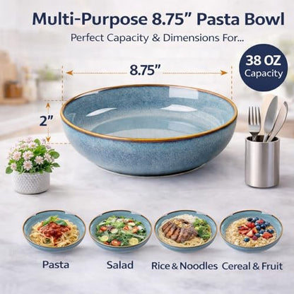 GBhome 8.75'' Large Ceramic Pasta Bowls, 38oz Stoneware Pasta Serving Bowls Set of 4 for Kitchen, Wide Bowls for Fruit,Pasta,Salad,Oatmeal,Meal, Microwave Safe, Reactive Glaze-Space Blue - color: Space Blue