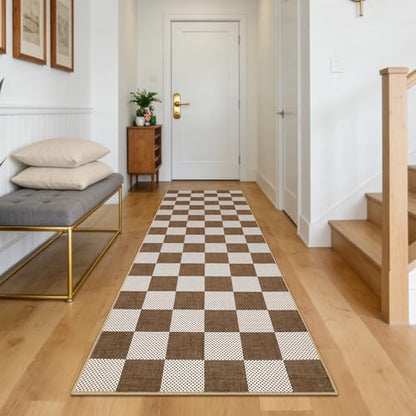 GarveeHome Checkered Light Brown 2x6 Washable Low-Pile Kitchen Runner Rug | Non-Slip Terracotta Brown Stain Resistant Rug for Kitchen Entryway Bedroom Bathroom Geometric Modern Rug TPE Backing - color: Terracotta Brown, size: 2' x 6' (Rectangular)