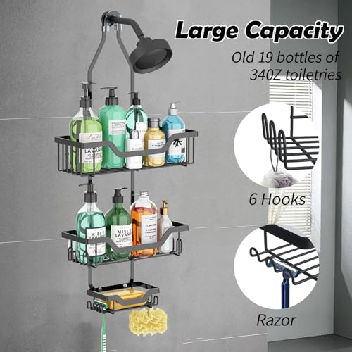 Shower Caddy Hanging, Rustproof Shower Organizer with Soap Basket and 12 Hooks, Large Capacity Anti-Swing Bathroom Organizer, Black