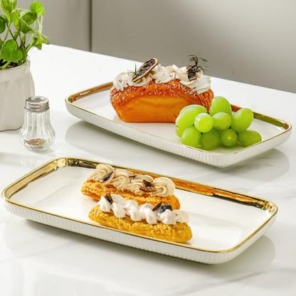 LETAOTAO Serving Platters, Ceramic Serving Platters Set of 4, 12 Inch Rectangular Serving Trays Dishes for Party Entertaining, White Dinner Plates with Gold Trim for Sushi Desserts Appetizers Salad - color: Rectangular White and Gold-4 Pcs