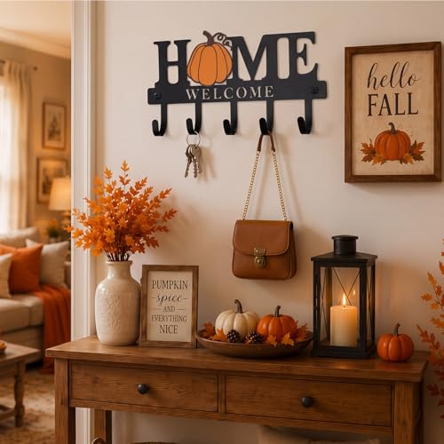 Halloween Home Pumpkin Key Holder Wall Mount Metal Fall Decorative Key Hooks Organizer Hanger Coat Rack with 5 Hooks Retro Welcome Autumn Halloween Decor for Entryway Bathroom 9.8 Inch - style: Pumpkin
