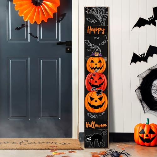 Halloween Porch Sign, Happy Halloween Sign for Front Porch, Scary Pumpkin Wooden Sign Yard, Vertical Wood Sign Standing for Patio Front Door Porch, Black Cat Witch Hat Decor for Holiday Home Party Wall Yard Indoor Outdoor Decoration, 47x8 inch - style: Ha