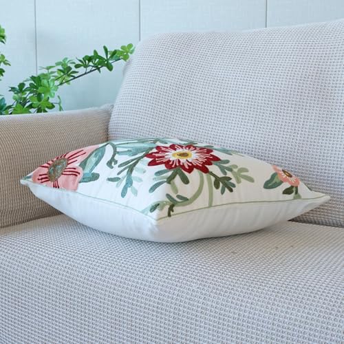 vctops Floral Embroidered Pillow Covers 18x18 Inch Spring Summer Cotton Tufted Throw Pillow Cover Outdoor Garden Cushion Case for Sofa, Bed, Living Room (Flower D,18"x18") - color: Flower D