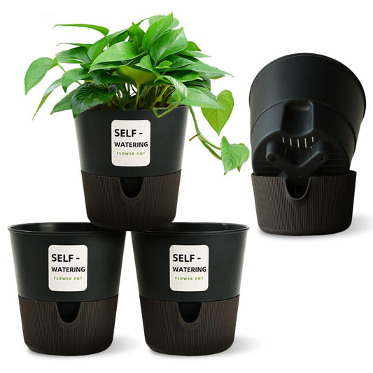5/6.5/7.5 Inch Self Watering Pots for Indoor/Outdoor ,4 Pack plastic Planters for Indoor Plants with Drainage Holes and Saucers, Modern Decorative Flower Pot for Plants (Grey, 7.5-Inch, 4-Pack)