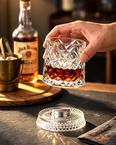 CEEFU 360° Spinning Whiskey Glasses Set with Gift Box, Set of 2 | Old Fashioned with Rotating Base - 2 Big Ice Ball Molds - Bourbon, Cocktail, Rocks, Bday Gifts Ideas for Men, Ice Crackle - size: 9.5 oz-Ice Crackle Pattern