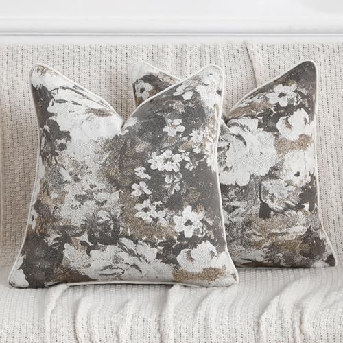 Vintage Floral Throw Pillow Covers 18x18 Set of 2 Neutral Boho Farmhouse Soft Chenille Jacquard Decorative Couch Pillow Covers for Sofa Couch Bed Living Room Home Décor Beige and Taupe - color: Beige and Taupe, size: 18" x 18" (Pack of 2)