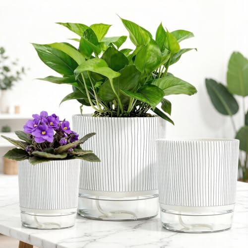 3 Pack 4.3+5.5+6.3 Inch Self Watering Pots Set, Self Watering Planter with Reservoir and Wick Rope for Indoor/Outdoor Plants, Modern Houseplants Pots for African Violets,Cactus,Succulents - color: Striped Pattern