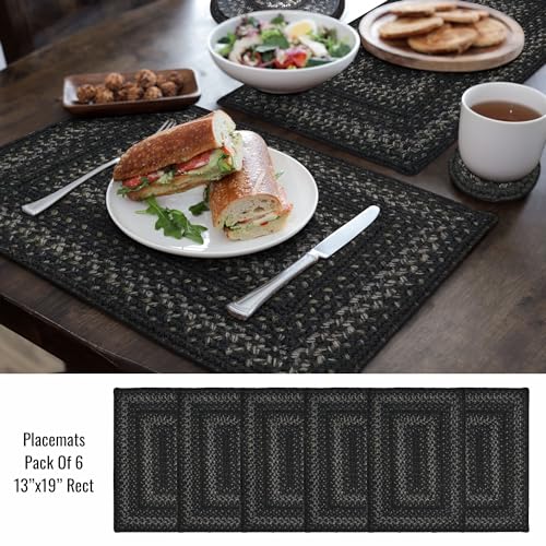 Homespice Jet Black Jute Braided Placemats, Rect 13x19 Set of 6 | Black Protects Tabletop in Style and Everyday and Holiday Table Mats, Rich Colors, Reversible, Durable and Easy to Clean - color: Jet Black