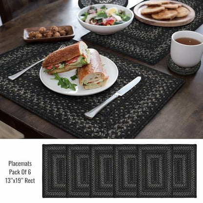 Homespice Jet Black Jute Braided Placemats, Rect 13x19 Set of 6 | Black Protects Tabletop in Style and Everyday and Holiday Table Mats, Rich Colors, Reversible, Durable and Easy to Clean - color: Jet Black