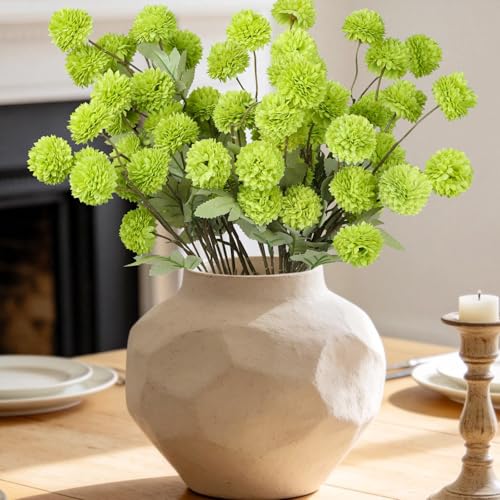 INQCMY Artificial Silk Mums 20" Faux Stem Kiku Flowers for Vase Home Decor | 12 Pcs Fake Chrysanthemums Green Fall Flower, Realistic Pompon Balls Bouquets for Living Room Wedding Centerpieces Indoor - color: Dark Green