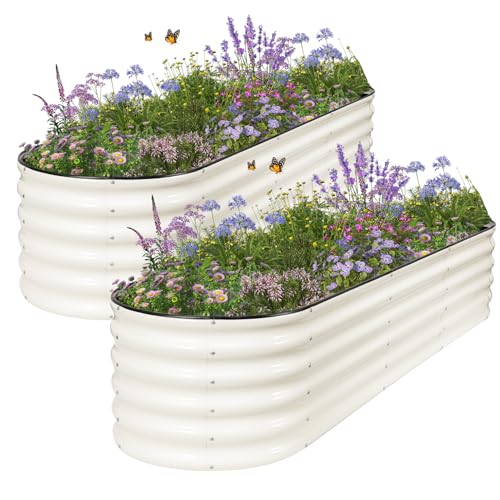 Galvanized Raised Garden Bed - 2 Pcs 8x2x1.4FT Planter Box, White | Raised Beds for Gardening Outdoor, Metal Flower Bed, Steel Raised Garden Bed Kit with Gloves for Vegetables, Flower, Herbs - color: White, size: 8x2x1.4FT