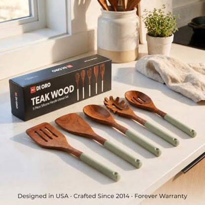 DI ORO Wooden Kitchen Utensil Set - 5-Piece Wooden Spoon & Spatula Set - Nonstick Cookware Safe Teak Wood Cooking Utensils - Heat-Resistant Kitchen Utensils Set with Silicone Handles (Sage) - color: Sage