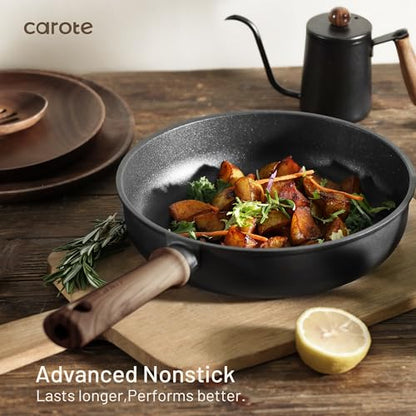 CAROTE 24pcs Nonstick Cookware Sets, Pots and Pans Set | Titanium Infused, Ultra Durable, Fast & Even Heating, Easy Clean, All-Stovetop Compatible, with 6.5-Qt Stockpot & Egg Pan - color: Black, size: 24 PCS