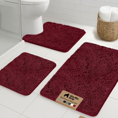 GORILLA GRIP Bathroom Rug Sets 3 Piece, Bath Mat Set and Oval Toilet Base with Rubber Backing, Plush Absorbent Shaggy Chenille Washable Mats, Includes 24x19.5, 24x17 and 30x20 Inch Rugs, Burgundy - color: Burgundy, style: 24"x19.5" + 24"x17" + 30"x20" - 3