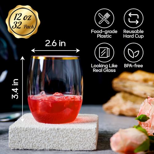 FOCUSLINE 32 Pack 12 OZ Plastic Wine Glasses, Stemless Disposable Wine Cups, Gold Rim Unbreakable Wine Glasses, Reusable Shatterproof Recyclable and BPA-Free Plastic Wine Cups - color: 12OZ-32-Gold Rim