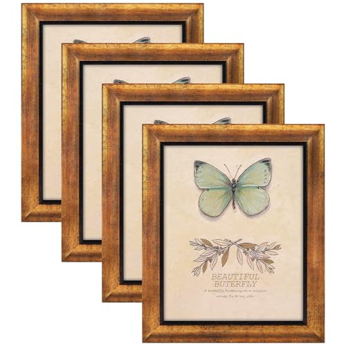 XUANLUO 8x10 Picture Frames Set of 4 Rustic Retro Photo Frame with HD Plastic Cover for Wall Mount and Tabletop Display Family Friends Wedding Gift - color: Gold-4pcs, size: 8 x 10 inch