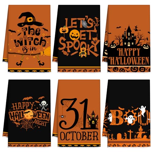 Ganeen 6 Pcs Halloween Kitchen Towels Dwarfs Cobwebs Witches Castles Dish Fiber Fingertip Hand Tea Towels 14.2 x 21.3 Inch for Spooky October 31 Decorative Bathroom Guest - color: Eye Catching