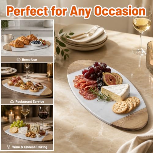 Creative Home Luxury Taj Mahal Natural Marble & Solid Wood Trim Cheese Board, Handcrafted Serving Platter with Cool Surface for Charcuterie, Pastries - KITCHEN ESSENTIAL Gift