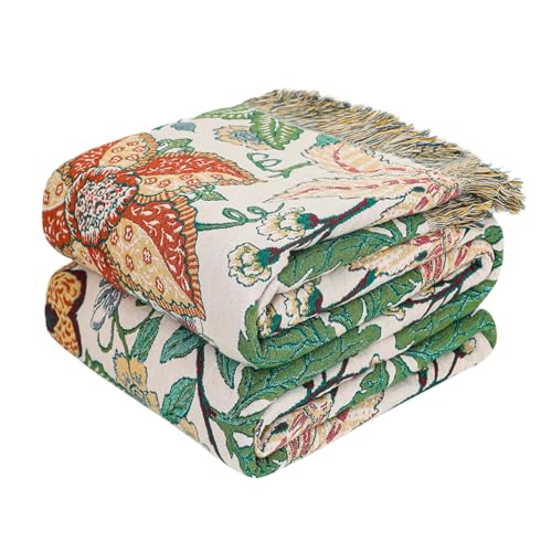 Boho Throw Blanket - 50"x60" 100% Cotton Soft Breathable Lightweight Bed Blanket, Reversible Muslin Summer Blankets Green Floral Farmhouse Decor Rustic Quilt for Bed Couch - color: 24-green Leaves, size: (50"x60")Throw