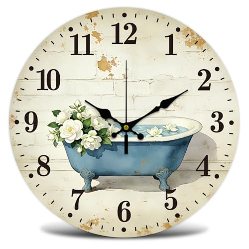 Bathtub Wall Clock Silent Non-Ticking 12" for Living Room Decor | 1 AA Battery Operated (not Included); Easy to Read; Keep Accurate Time; Rustic Country; Kitchen Bedroom Indoor Use - color: Bathroom