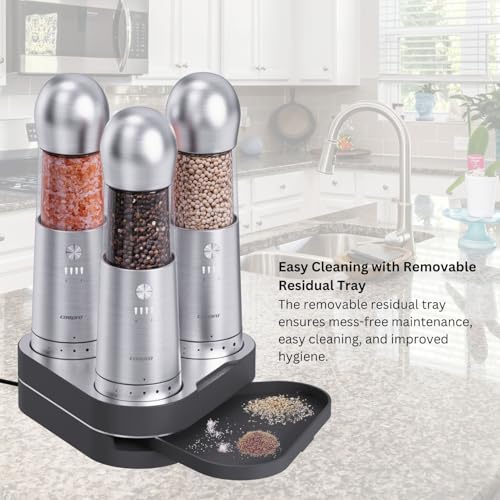 COSPRO Electric Salt and Pepper Grinder Set of 3 with Wireless Charging Base | Rechargeable Automatic Pepper Mill | Stainless Steel | One-Hand Use | Adjustable Coarseness | Easy Clean | Kitchen Gift - size: Set of 3