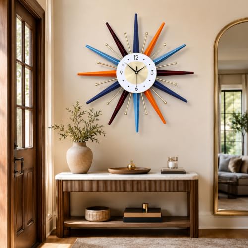 Large Wall Clock 22 Inch, Mid Century Wall Clock Starburst Clock, Retro 3D Metal Decorative Clock Non Ticking Battery Operated for Living Room, Bedroom, Kitchen, Gold