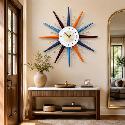 Large Wall Clock 22 Inch, Mid Century Wall Clock Starburst Clock, Retro 3D Metal Decorative Clock Non Ticking Battery Operated for Living Room, Bedroom, Kitchen, Gold
