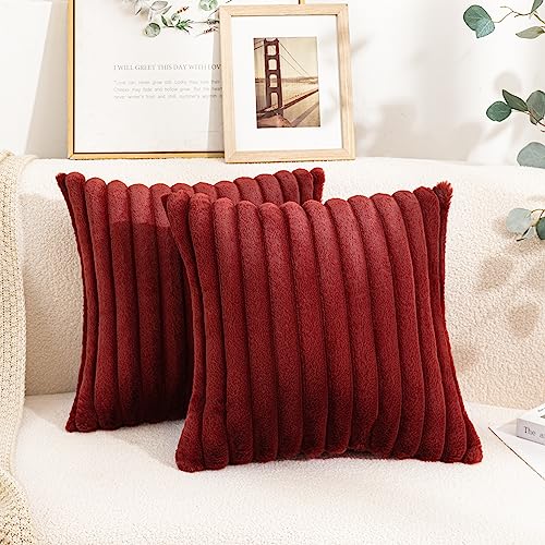 Uhomy 2 Pack Faux Fur Home Christmas Red Decorative Throw Pillow Cover Luxury Soft Striped Furry Pillowcase for Sofa Couch Bedroom Comfy Thick Fluffy Plush Cushion Cover 22x22 Inch Burgundy 55 cm - color: Burgundy, size: 22" x 22" (Pack of 2)
