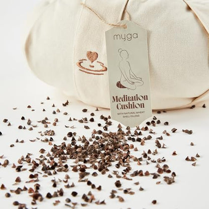 Myga Zafu Yoga Meditation Cushion with Washable Cover - Floor Cushion Pillow with Natural Buckwheat Filling - Soft Round Cotton Design for Meditating or Pranayama Exercises - color: Cream