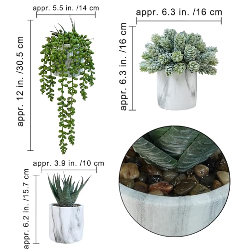 Winlyn Set of 3 Small Artificial Succulent Potted Plants Fake Aloe Hops String of Pearls in Modern Marble Ceramic Planter for Home Garden Bathroom Shelf Office Desk Tabletop Indoor Outdoor Décor