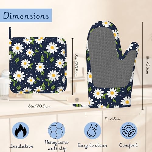 Heat Resistant Pot Holders and Oven Mitts,Daisy Flower Extra Long Kitchen Oven Mitt Set,Navy Blue Cotton Lining Anti-Slip Waterproof Kitchen Mittens Hot Pan Holder for Baking Cooking Grilling - color: Daisy Flower