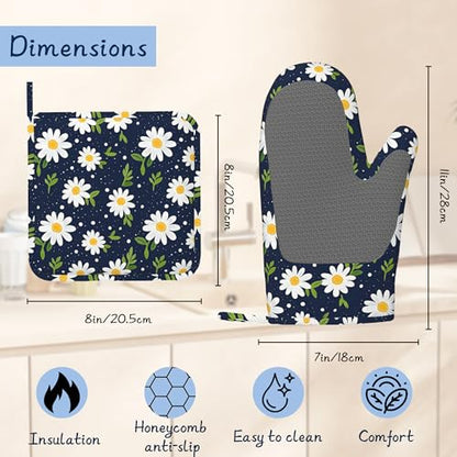 Heat Resistant Pot Holders and Oven Mitts,Daisy Flower Extra Long Kitchen Oven Mitt Set,Navy Blue Cotton Lining Anti-Slip Waterproof Kitchen Mittens Hot Pan Holder for Baking Cooking Grilling - color: Daisy Flower