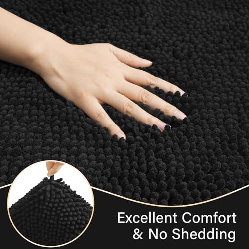 LOCHAS Bathroom Rugs Sets 2 Piece, 20''x20'' & 34''x21'', Black | Non Slip U-Shaped Toilet Rug, Chenille Washable Absorbent, Soft Bath Mat Set for Shower, Sink - color: Black
