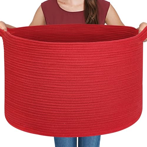 Extra Large Red Basket for Organizing, 22" X 22" X 14" Woven Cotton Rope Bins for Blankets, Baby Nursery Wicker Laundry Basket, Kids Dog Toy Storage Box, Big Red Living Room Decor Organizer - color: Red, size: 22"x22"x14"