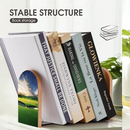 Golf Course Wood Bookends with Metal Base, Decorative Book Holder for Shelves - Wooden Book Ends for Office, Library, Desk & Home Decor
