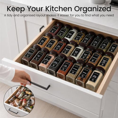 Glass Spice Jars with Grinder Lid 24 Pack 4 oz Acacia Wood | 780 Labels (Round+Square), Shaker Inserts, Funnel, Airtight Seal, Bonus Grinder Lid for Fresh Grinding - color: Brown