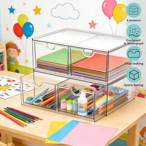 Prsildan Acrylic Storage Drawers Clear Makeup Organizer with 4 Drawers | Transparent, Stackable, For Vanity Bathroom Kitchen Cabinets Office Desk Undersink, Cosmetics Toiletries Home Small Items - size: Stackable-4Drawers