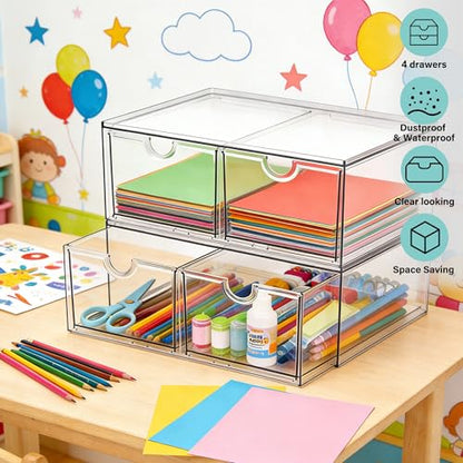 Prsildan Acrylic Storage Drawers Clear Makeup Organizer with 4 Drawers | Transparent, Stackable, For Vanity Bathroom Kitchen Cabinets Office Desk Undersink, Cosmetics Toiletries Home Small Items - size: Stackable-4Drawers