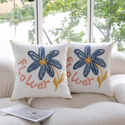 YIcabinet Pillow Covers Set of 2, Embroidered Blue Flower Pattern Throw Pillow Cover,Square Cotton Cushion,Pillow Case for Sofa Bedroom Couch,18"x18" - color: Blue18