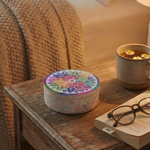 Ajuny Small Jewelry Box Handmade Marble Soapstone Mandala Trinket Holder | Handcarved Round Container for Rings, Keepsakes, Dresser Accent, Shelf Display, and Gifting 3 x 3 x 1.2 inch