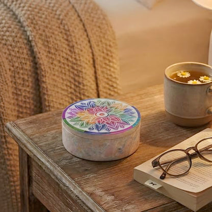 Ajuny Small Jewelry Box Handmade Marble Soapstone Mandala Trinket Holder | Handcarved Round Container for Rings, Keepsakes, Dresser Accent, Shelf Display, and Gifting 3 x 3 x 1.2 inch