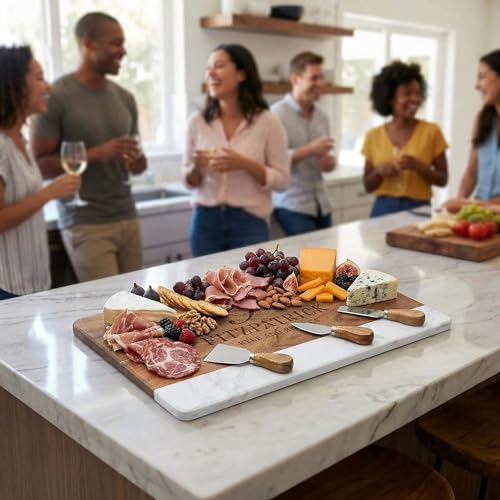 HomeWetBar Personalized Acacia Charcuterie Board With cheese Knives | Custom 16 x 9 x 1/2 White Marble & Acacia Wood Cheese Board | Perfect Housewarming + Wedding + Couples Gift Idea - style: Winslow Cheese Board + Cheese Knives