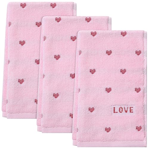 3pcs Valentine's Day Hand Towels Pink Red Hearts 100% Cotton 13.4 x 29 Inch | Embroidered Soft Bathroom Kitchen Valentines Day Decorative Towel Set for Drying Cleaning Cooking Holiday Decor Gift - color: Pink, size: 3pcs