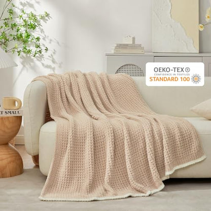 Snuggle Sac Beige Waffle Bedding Blankets Queen Size 90x90 inches, Reversible Microfiber Fluffy Fuzzy Soft Throw Cozy Knit Blanket for Women Mothers Birthday Gifts - color: Waffle Beige, size: Queen(90"x90")