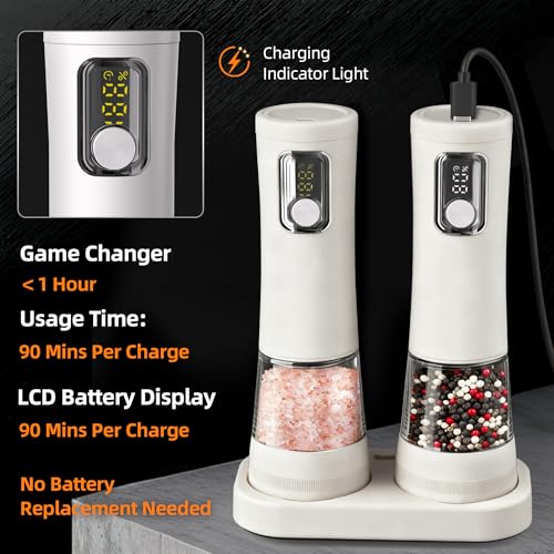 Electric Salt and Pepper Grinder, Rechargeable Automatic Pepper Mill with Base,5-Level Adjustable Coarseness, Display, LED Lighting, Large Capacity-Ideal for Kitchen, BBQ Gifts (1, White-A) - color: White-A