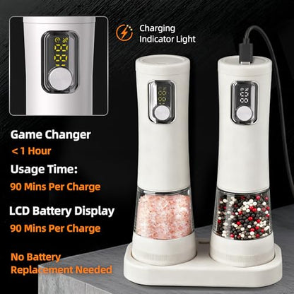 Electric Salt and Pepper Grinder, Rechargeable Automatic Pepper Mill with Base,5-Level Adjustable Coarseness, Display, LED Lighting, Large Capacity-Ideal for Kitchen, BBQ Gifts (1, White-A) - color: White-A