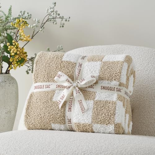 Snuggle Sac Checkered Bedding Blanket Twin Size 60x80, Super Soft, Cozy Warm Knit Blankets, Reversible Breathable Lightweight Fluffy Throws for Sofa, Bed, Checkered Beige, 60x80 Inches - color: Checkered Beige, size: Twin(60"x 80")